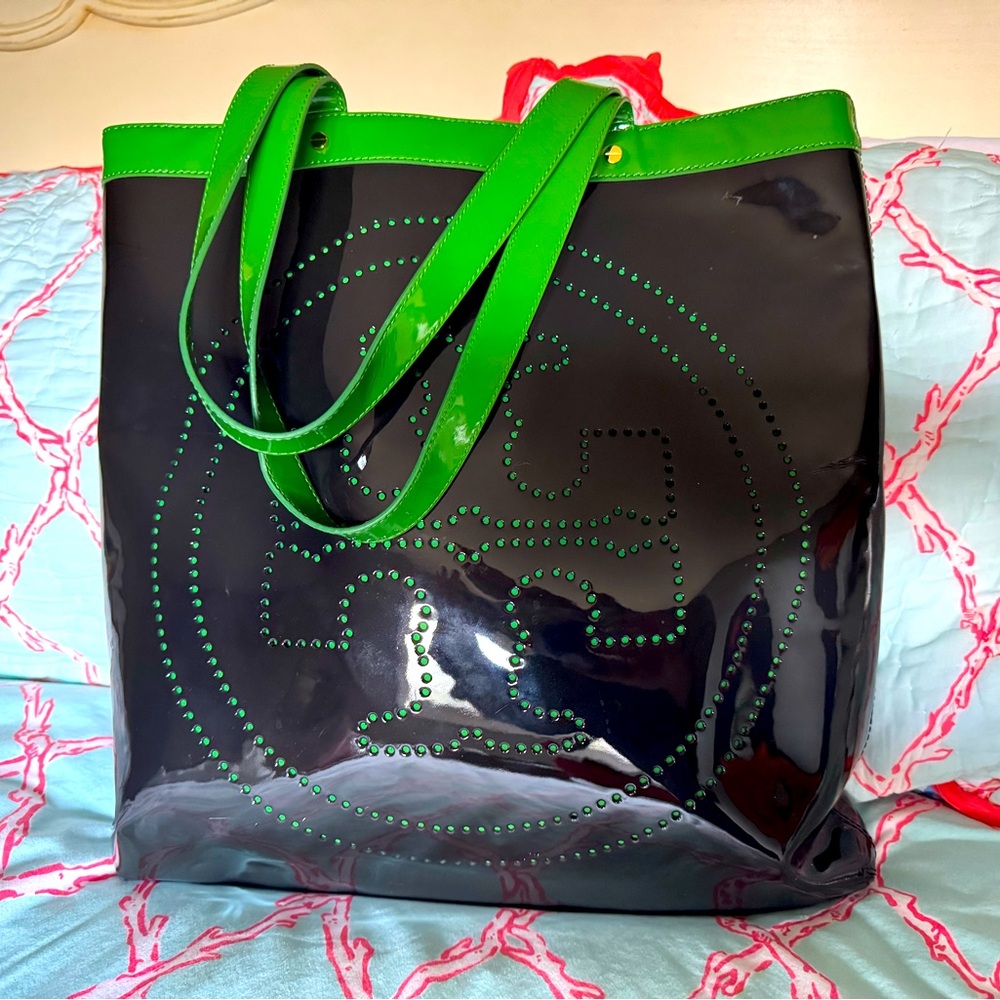 Tory Burch Navy with Green Trim Patent Tote